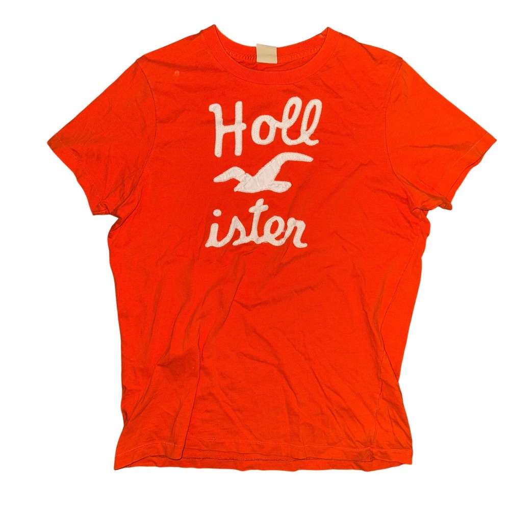Hollister California Womens XL Orange Graphic T-Shirt Chenille Logo Short Sleeve